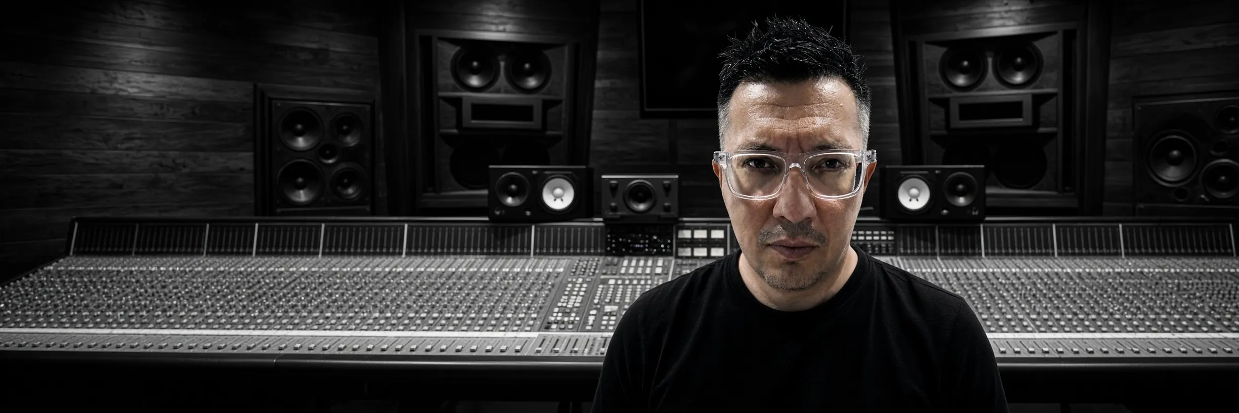 Askar Shafi in a recording studio, in front of a large mixing console